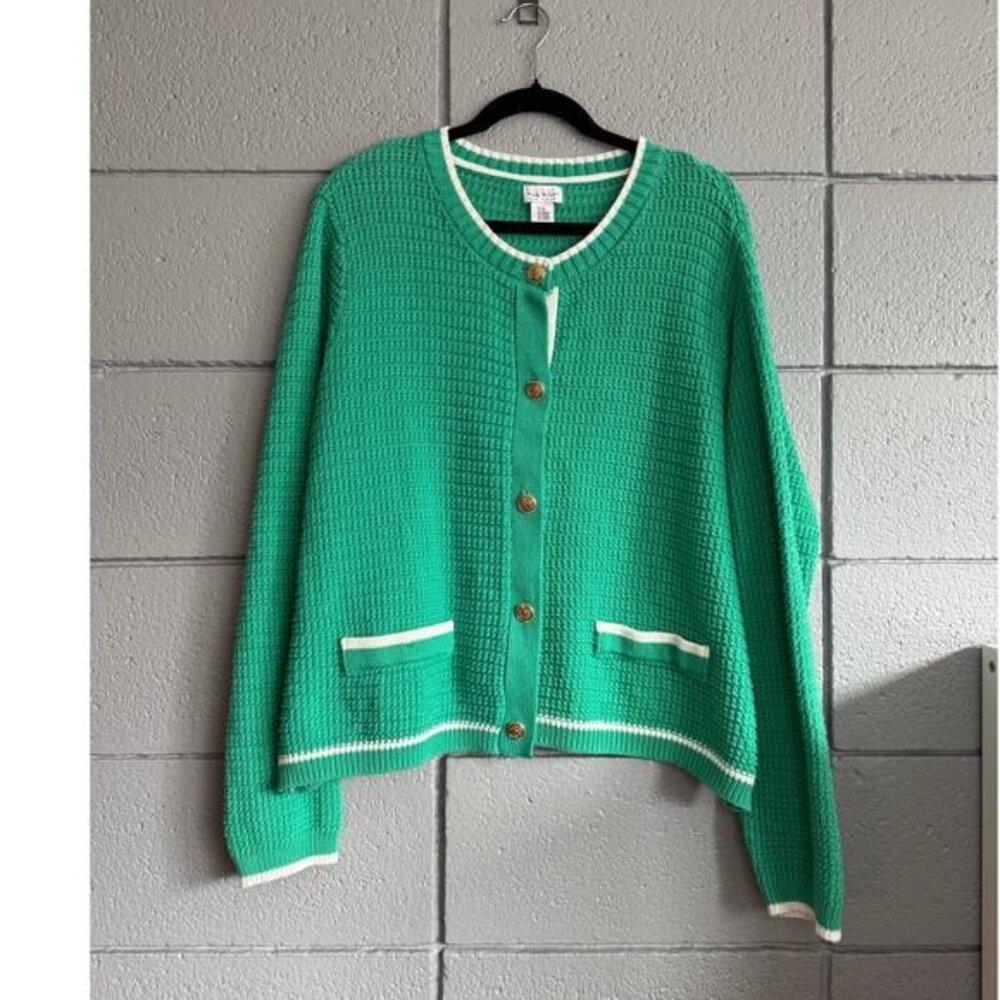 Women Nicole Miller Green & White Gold Button Cropped Knit Cardigan size 3X